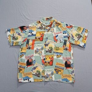 Reyn Spooner Hawaiian Shirt Mens Large Green Camp Sunset Magazine Bold Aloha Art